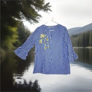 Blue Gingham women Blouse Floral Embroider top Vanessa Signature Collection Boho